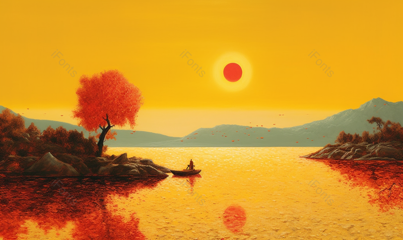 黄色山林湖面小船艺术绘画,插画/手绘图,插画/手绘图库,插画/手绘图下载,插画/手绘